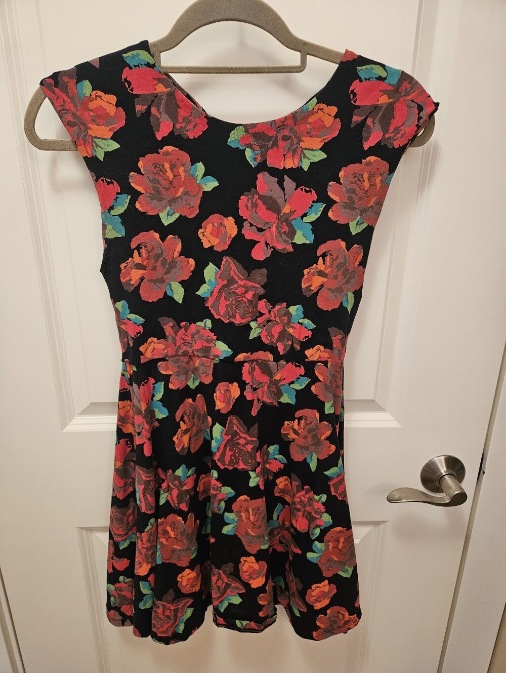 Talula Floral Fit & Flare Dress in Black with Red Rose Print